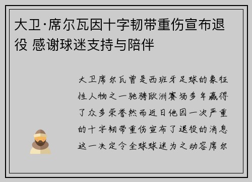 大卫·席尔瓦因十字韧带重伤宣布退役 感谢球迷支持与陪伴 大卫·席尔瓦因十字韧带重伤宣布退役 感谢球迷支持与陪伴